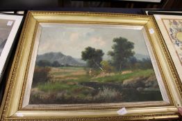 Rural River Landscape oil on canvas and a pair of pictures depicting mountainous river landscapes.