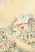 John Stannard (19th Century) British. A Thatched Cottage with Flowers in Bloom, Watercolour, Signed.