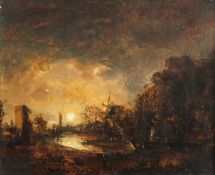 Manner of John Crome (1768-1821) British, View of a River and Windmill in Moonlight with figures