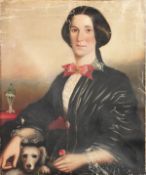 19th Century, Possibly American School. Portrait of a Lady Holding a Flower with a Dog, Oil on