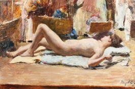 William Henry Hyde (1858-1943) American. Nude Model Lying on an Artist's Studio Floor, Oil on