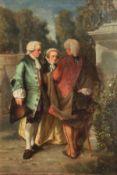 19th Century Continental School. A Scene of Three Figures Conversing in a Garden, Oil on Panel,