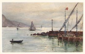 Edmond Marie Petitjean (1844-1925) French. A Scene of Boats by a Harbour Wall, Oil on Board,
