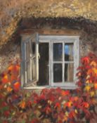 Malcolm Surridge, Surrey Artist. Open Window beneath a Thatched Roof, Pastel, Signed. 16