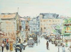 Mid-20th Century. A Busy Street Scene with a Market, Watercolour and Gouache, Indistinctly Signed