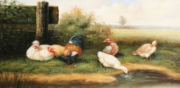 20th Century. A Scene of Chicken and Ducks in a Landscape, Oil on Canvas, Indistinctly Signed. 10
