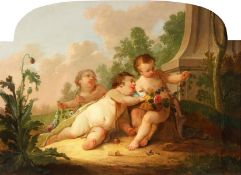 Manner of Francois Boucher. Cherubs threading Garlands of Flowers in a Classical Garden, Oil on