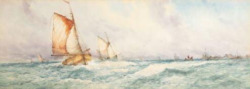 J. Hill (19th Century). Boats approaching a Port, Watercolour, Signed. 11