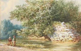 19th Century English School. Two Boys Fishing by a River, Watercolour, Signed Indistinctly, 6