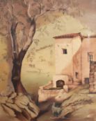 Barbara Konstan (1895-1966). Farm Building in a Landscape with Figure on the Hillside beyond, Oil on