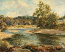 Ralph Hedley (1848-1913) British. 'River Tyne at Bywell Church', Oil on Panel, Initialled and