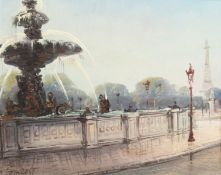 Lambert (20th Century) French School. A Paris Scene featuring a Fountain with the Eiffel Tower in
