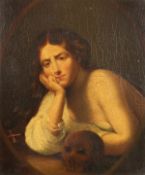 19th Century European School. Portrait of a Lady with a Momento Mori, Oil on Mahogany Panel. 11.5