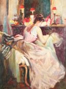 20th/21st Century. Portrait of a Lady Sewing, Oil on Canvas, Indistinctly Signed. 40