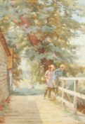 Charles Haigh-Wood (1854-1927). Children on a Bridge with Trees beyond, Watercolour, Signed. 19