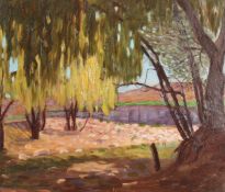 English School (20th Century). A Landscape with a Lake and Hills beyond, Oil on Paper Laid Down. 12