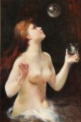 19th Century French School. A Semi-Clad Female blowing Bubbles, Oil on Canvas, Indistinctly