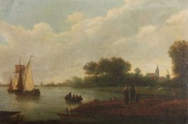 Manner of Jan Van Goyen, Figures and Boats by a Riverbank with a Church and Windmill Beyond, Oil