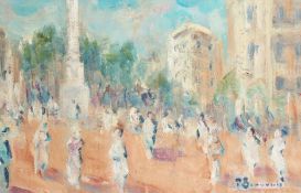 Paul Beauvais. Figures in a busy Continental Street, Oil on Board, Signed. 10