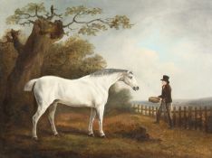 Attributed to Clifton Tomson (1775-1828) British. A Grey Horse with a Groom in a Landscape, Oil on