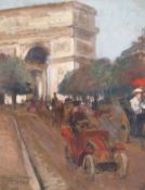 A. Patay, Early 20th Century. Figures and Motorists on a busy Boulevard with l'Arc de Triomphe