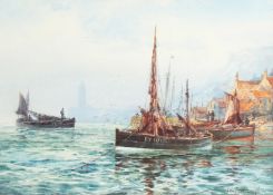 Frederick William Scarborough (1860-1939) British. Boats in a Harbour with a Rocky Coastline beyond,