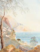 19th Century Italian School. A Coastal Scene with Mountains Beyond, Watercolour. 13