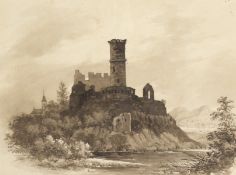 Attributed to William Joy (1803-1865). Castle Ruins on a Lake, Sepia Wash with Pen and Ink. 8.5