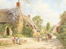 John Chapman (b. 1946) British. A Village Landscape with Figures in Conversation and Thatched