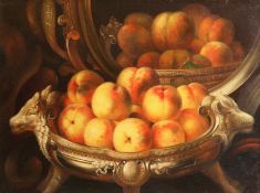 M. Miller (20th Century). A Still Life of Peaches in a Silver Bowl, Oil on Panel, Signed. 12