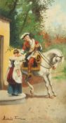 Luis de La Torre (1865-1914). An Amorous Gentleman on Horseback receiving a Drink from a Lady, Oil