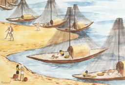 Indian School. Boats on a Shoreline with Figures Working, Watercolour, Signed 'Zainul'. 16