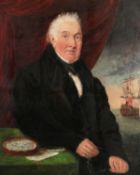 19th Century English School. Portrait of Naval Gentleman with a Compass and Vessel beyond, Oil on