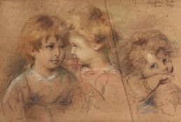 Italian School, Late 19th Century. A Chalk Drawing of Three Young Children, Indistinctly Signed