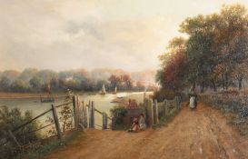Frank Rawlings Offer (1847-1932) British. Figures on a Path by a Riverside, Oil on Board, Signed,