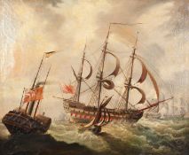 19th Century English School. A Three Masted Ship and Vessels in Heavy Waters, Oil on Canvas. 31.5