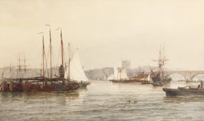 Thomas Bush Hardy (1842-1897) British. 'London Bridge, Morning', a View of Old London Bridge,