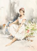 Gordon King (b.1939) British. Study of a Woman in a White Dress accompanied by a Dog, Watercolour,