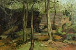 Nancy Ewart (20th Century). A Forest Glade, Study of Trees and Rocks, Oil on Canvas, Inscribed on