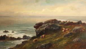 George Henry Jenkins (1843-1914) British. Sheep Grazing in a Coastal Landscape, Oil on Canvas,
