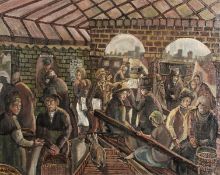 Derek Higginson (1930-2020) British. Scene of a busy Railway Station in an Industrial Town, Oil on