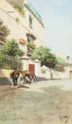 19th Century Spanish School. A Street Scene with a Man Seated by Donkeys, Oil on Panel. 9