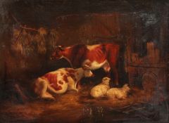 19th Century English School. Cattle and Sheep in a Barn, Oil on Canvas. 18