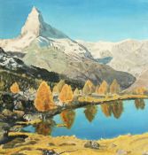 E. Buckley. An Alpine Lake with a View of the Matterhorn in the distance, Oil on Board, Signed and