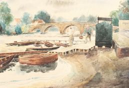 Arthur Henderson Hall (1906-1983) British. Figures on a Jetty with a Bridge beyond, Watercolour,