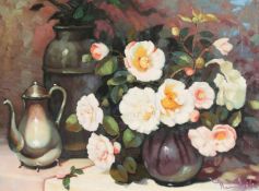 20th Century School. A Still Life of Flowers on a Shelf, Oil on Canvas, Indistinctly Signed. 18