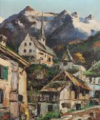 20th Century Continental School. An Alpine Village with Rocky Mountains beyond. Oil on Canvas,