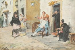19th Century Continental School. Figures in a Busy Town outside a Barber Shop, Oil on Board,