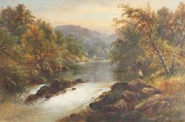 George B. Yarnold (19th Century) British. Angler by a Waterfall at Dusk with Mountains beyond,