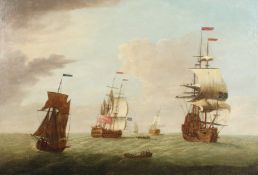 18th Century English School. A View of Naval Ships with other Vessels, Oil on Canvas. 25